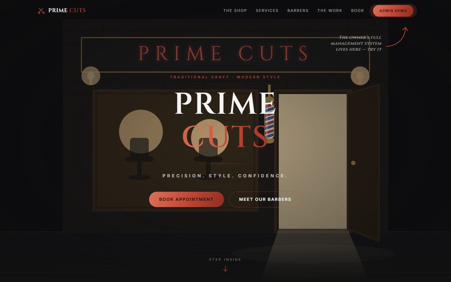 The Prime Cuts concept build: a barbershop website with a book-appointment button